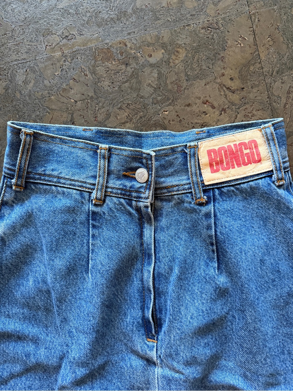Vintage BONGO Light Blue High-Waist Denim Skirt with Red Logo Patch